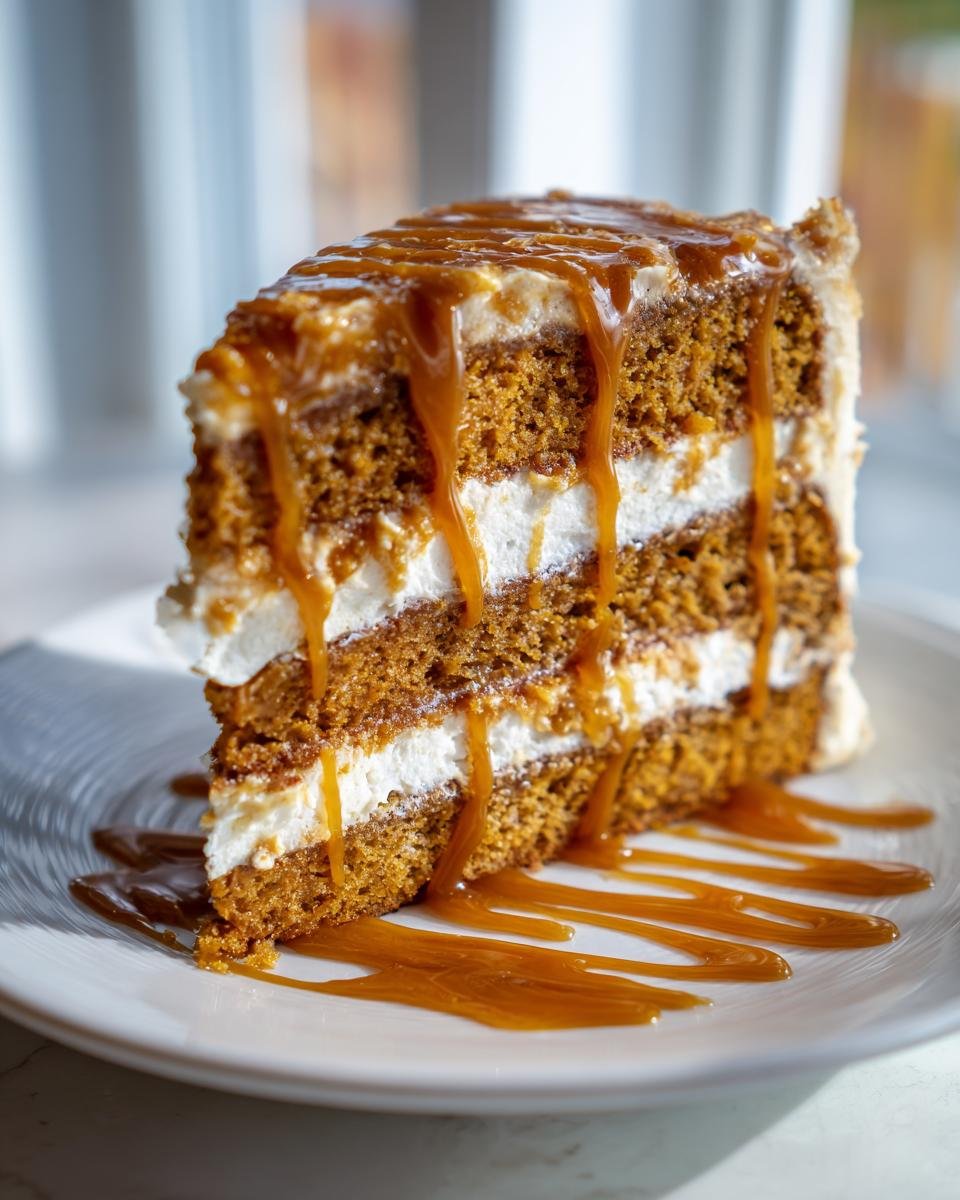 A tall slice of Pumpkin Cake With Caramel Cream Cheese Frosting layered with white frosting and drizzled heavily with caramel sauce.