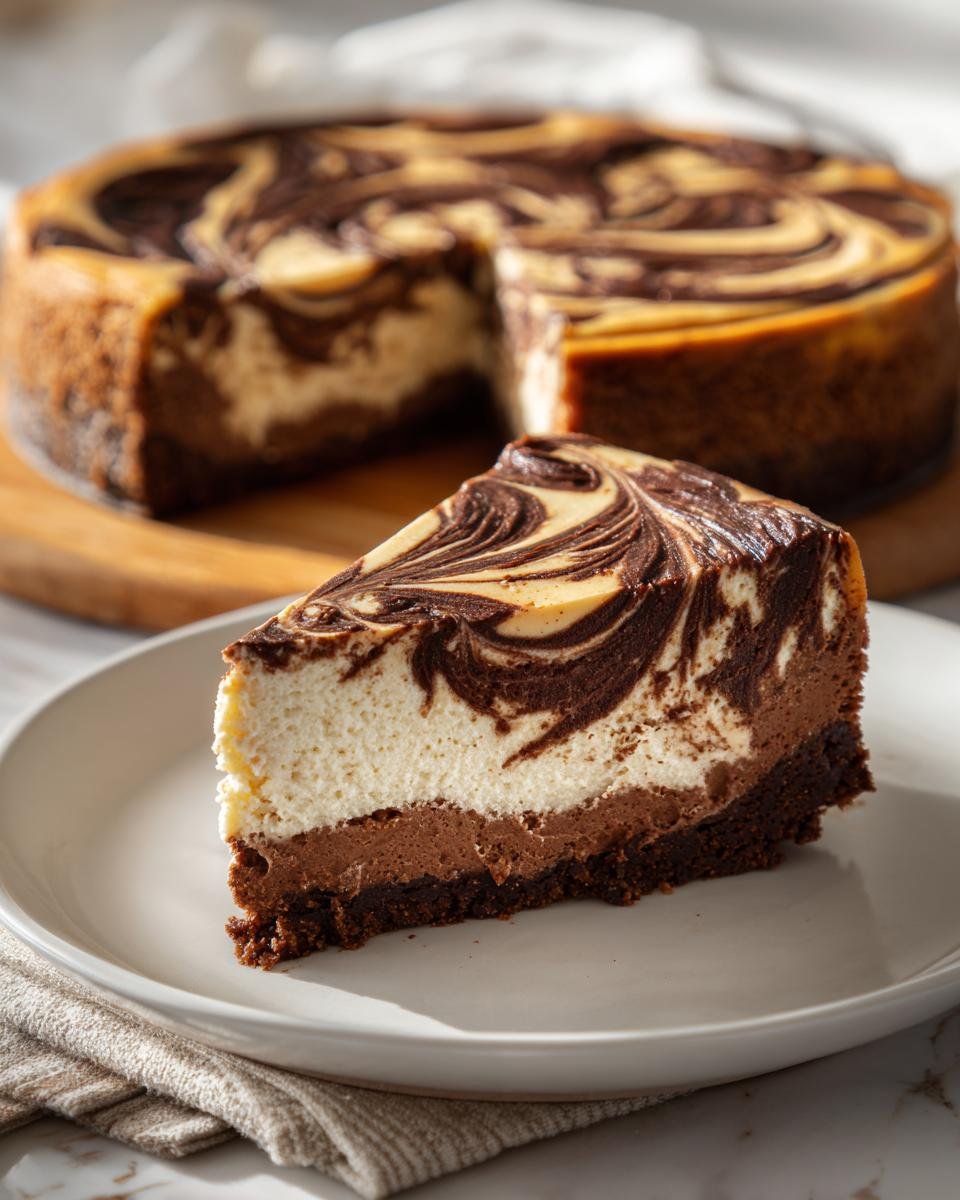A slice of Pumpkin Chocolate Cheesecake with rich chocolate swirls on a white plate.