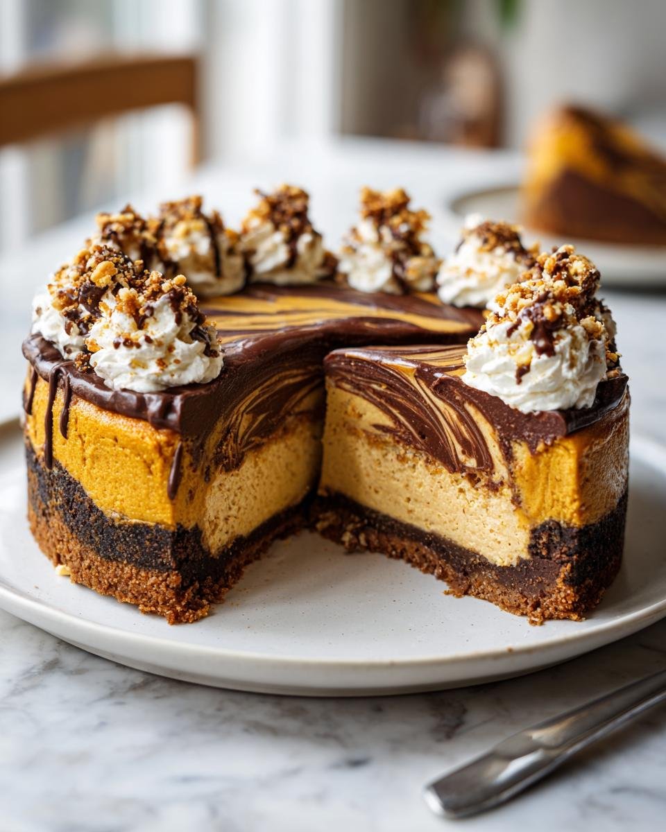 A slice of Pumpkin Chocolate Cheesecake on a white plate, topped with whipped cream and chocolate drizzle.