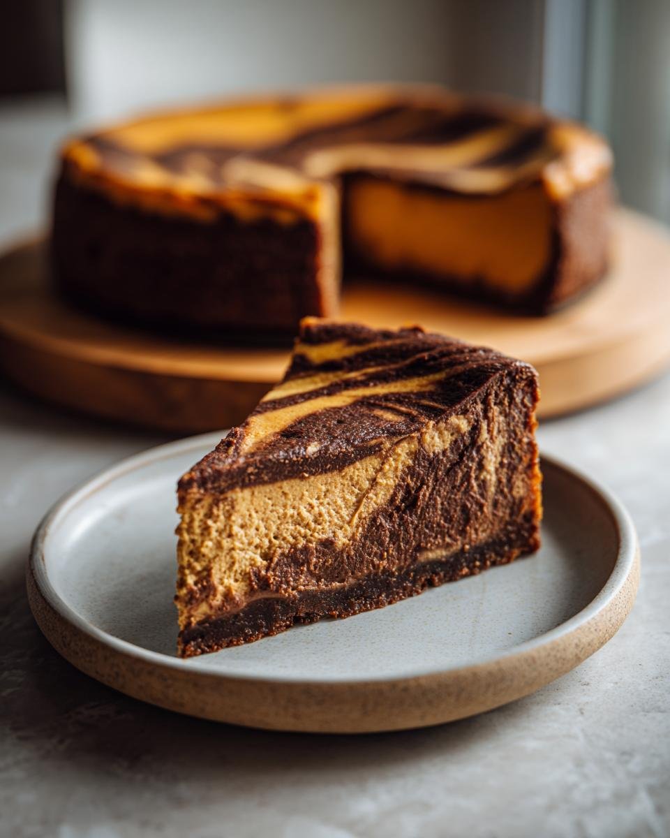 A slice of decadent Pumpkin Chocolate Cheesecake with a marbled swirl of pumpkin and chocolate.