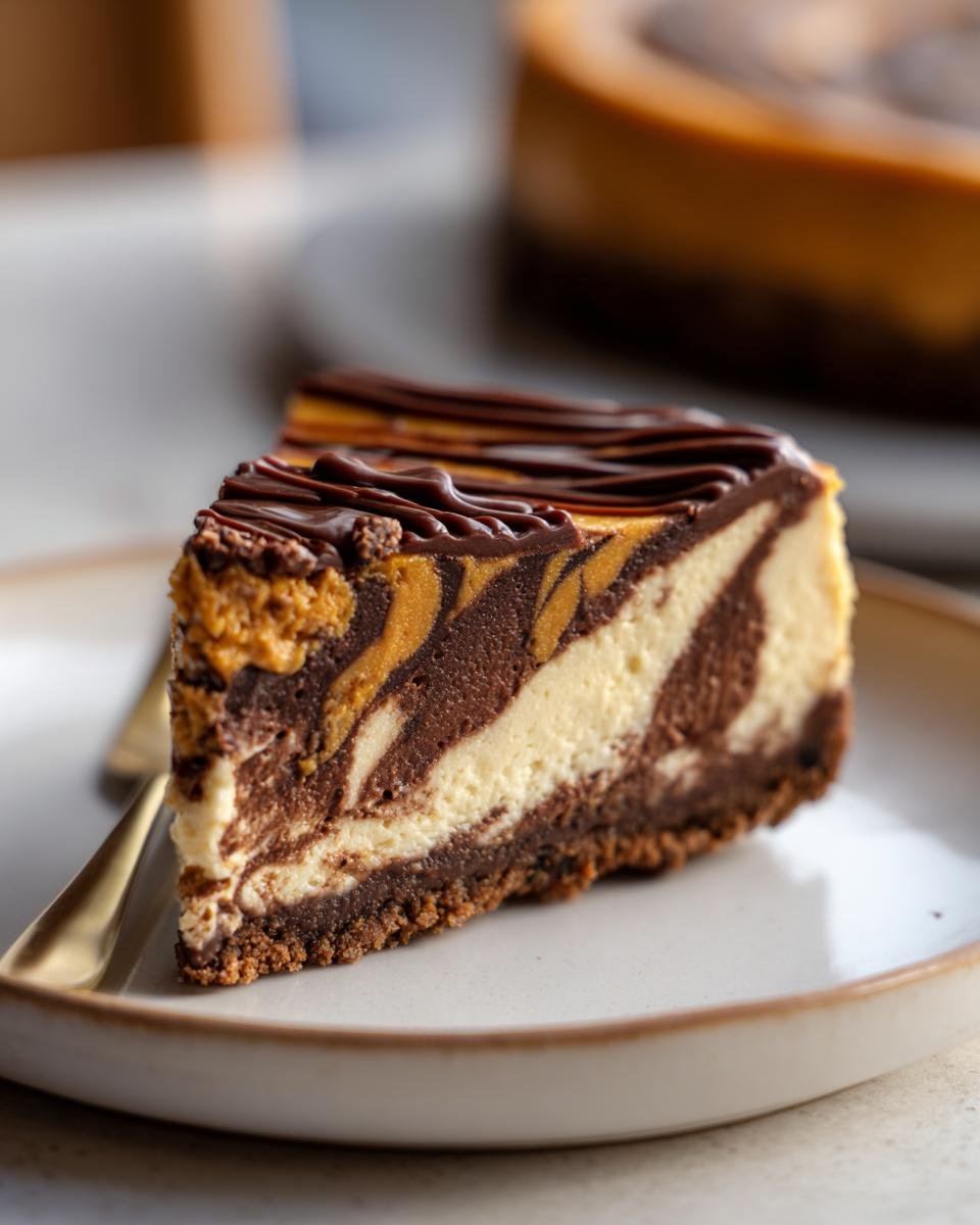A slice of decadent Pumpkin Chocolate Cheesecake with a marbled swirl of pumpkin and chocolate on a plate.