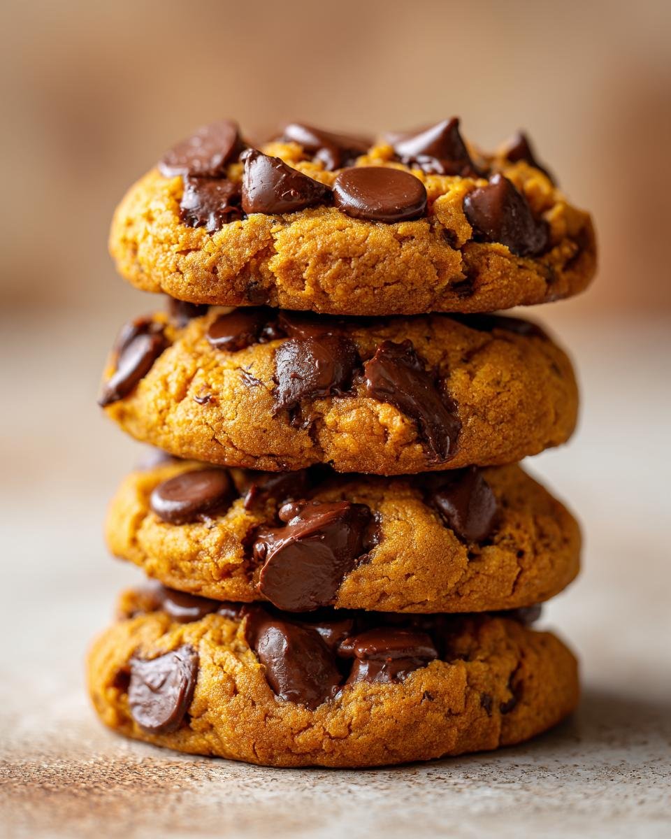 A tall stack of four moist Pumpkin Chocolate Chip Cookies, loaded with dark chocolate chunks.