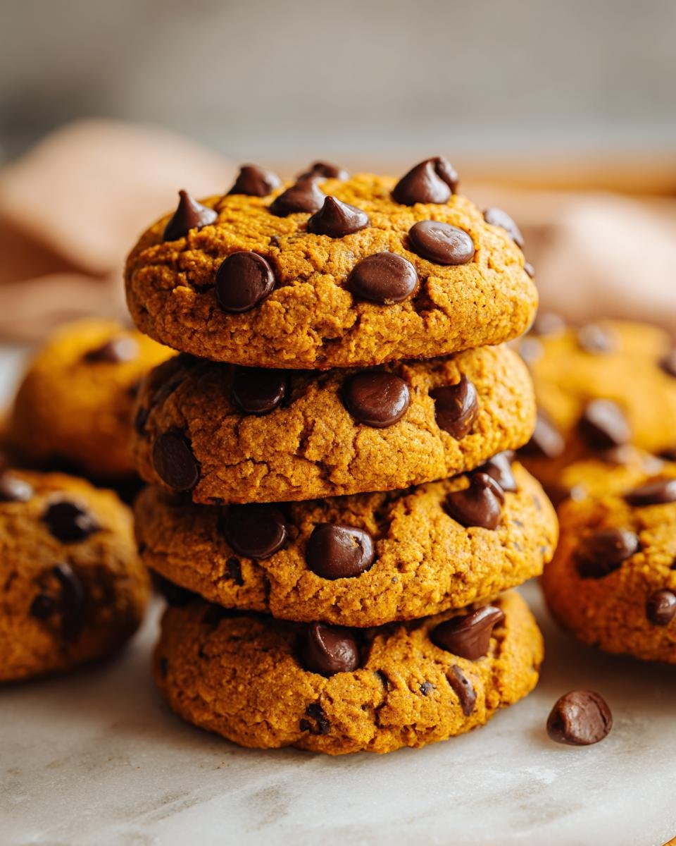 A stack of four homemade Pumpkin Chocolate Chip Cookies, generously studded with chocolate chips.