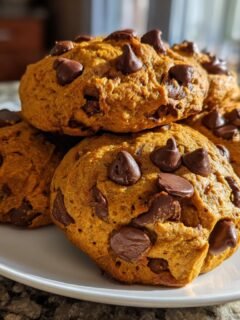 A stack of freshly baked Pumpkin Chocolate Chip Cookies on a white plate, generously studded with chocolate chips.