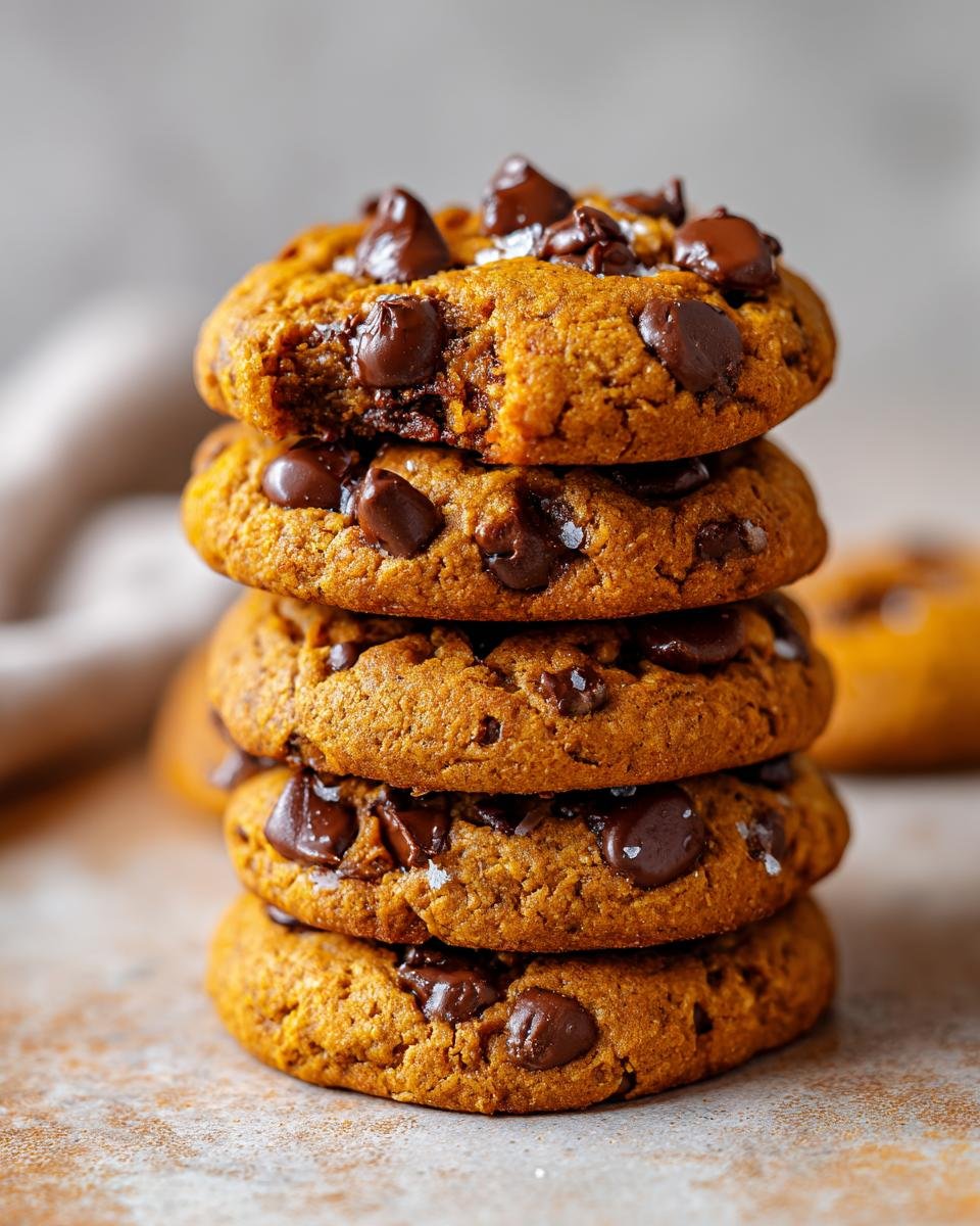 A tall stack of five chewy Pumpkin Chocolate Chip Cookies, loaded with dark chocolate chips and a sprinkle of sea salt.