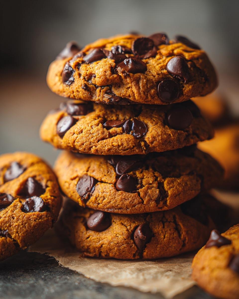 A stack of freshly baked Pumpkin Chocolate Chip Cookies, generously studded with dark chocolate chips.