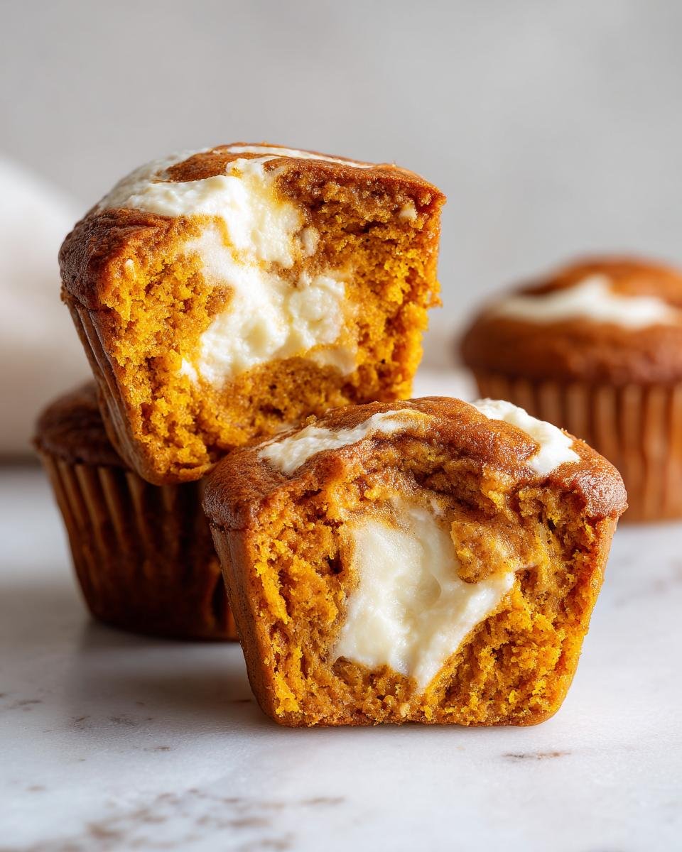 Close-up of Pumpkin Cream Cheese Swirl Muffins cut in half showing the rich orange cake and creamy white center.