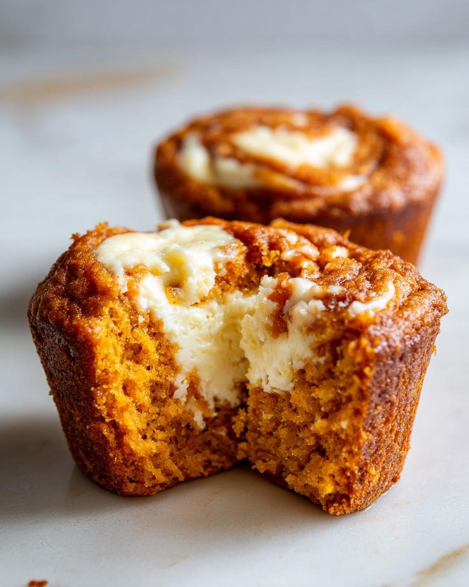 Close-up of a Pumpkin Cream Cheese Swirl Muffin cut in half showing the moist orange cake and creamy white filling.