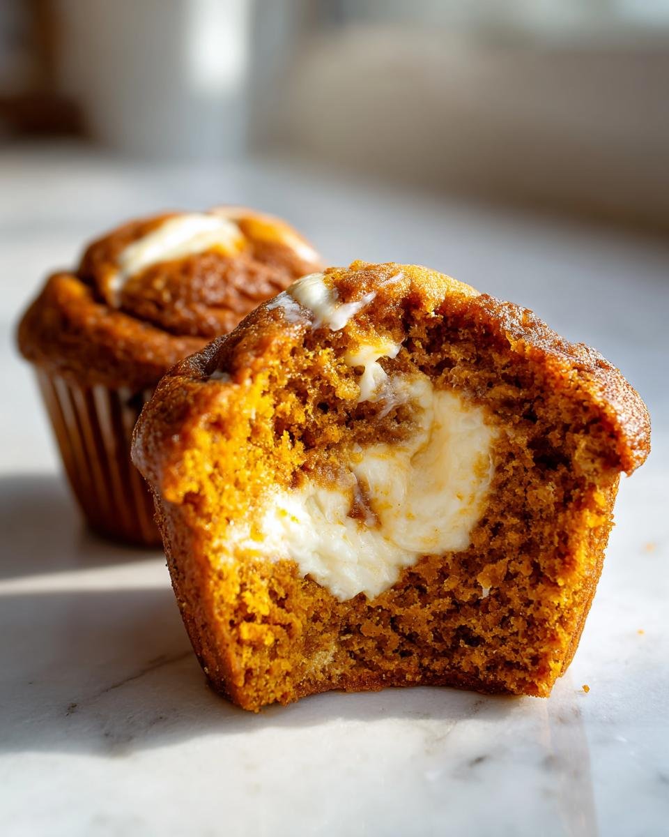 Close-up of a Pumpkin Cream Cheese Swirl Muffin cut in half showing the rich orange crumb and creamy white center.