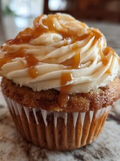 A close-up of a delicious Pumpkin Cupcake topped with swirls of Caramel Cream Cheese Frosting and drizzled with caramel sauce.