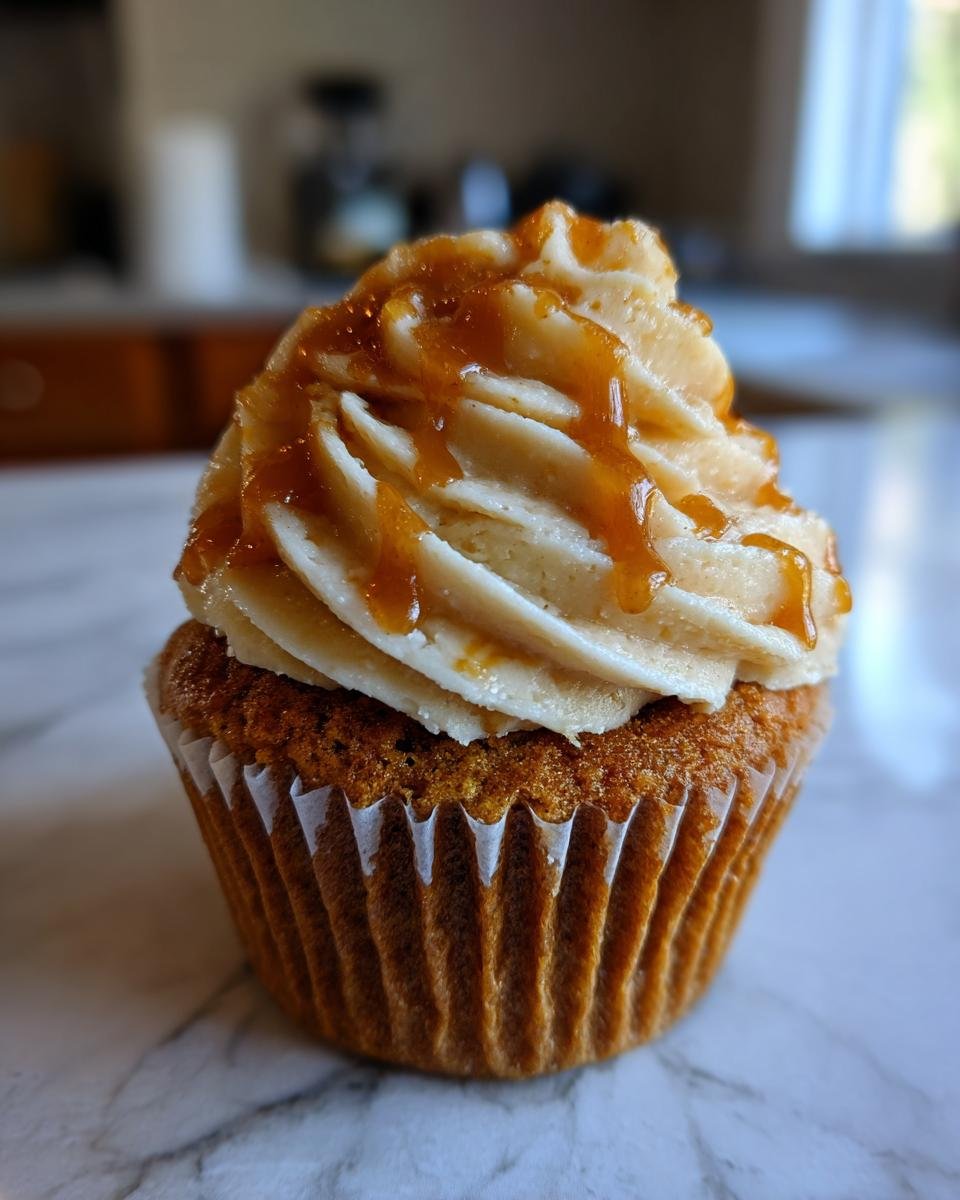 A close-up of a delicious Pumpkin Cupcake with Caramel Cream Cheese Frosting, drizzled with caramel sauce.