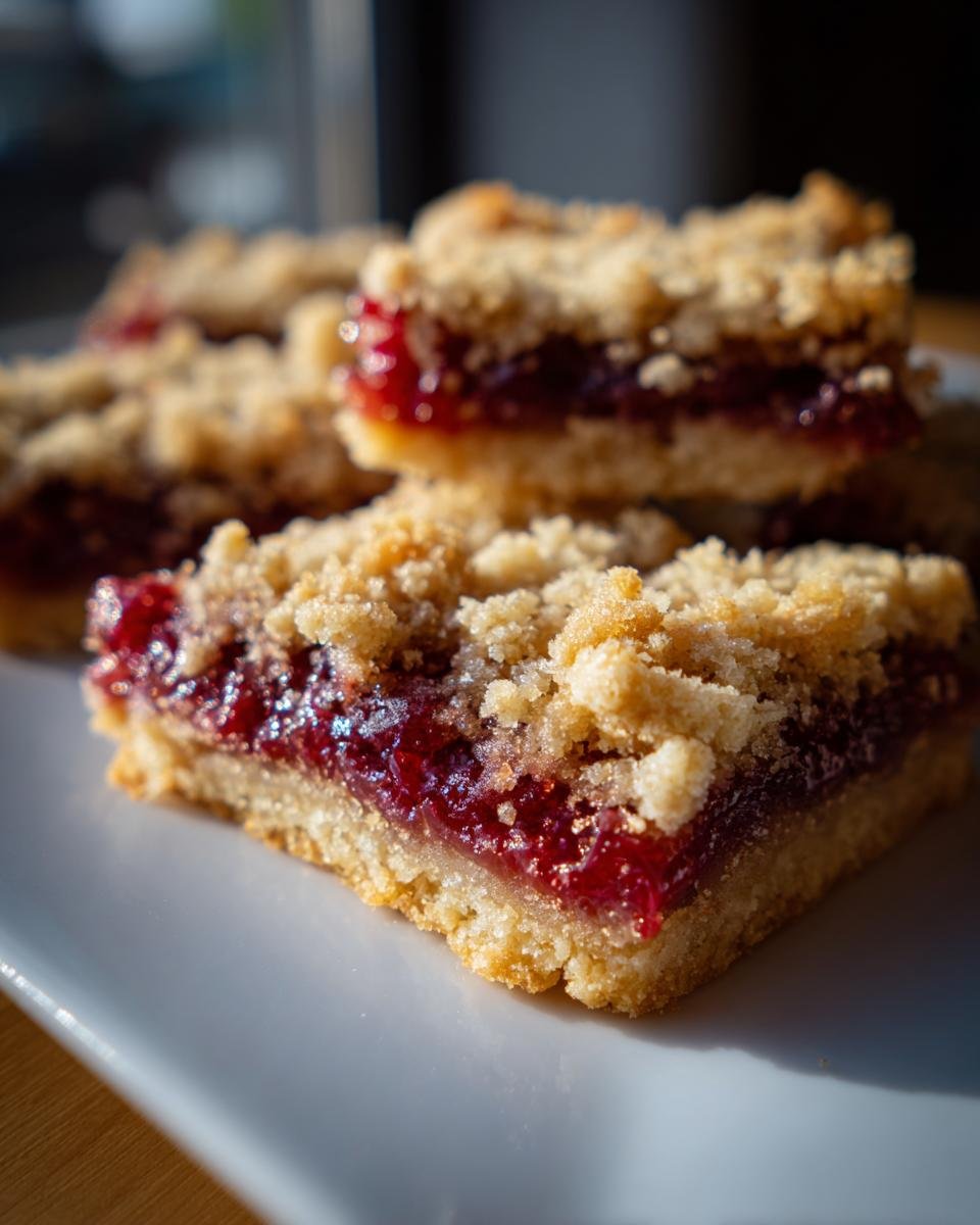 A close-up of a freshly baked Raspberry Crumble Bars slice showing the thick, bright red jam filling and crumbly topping.