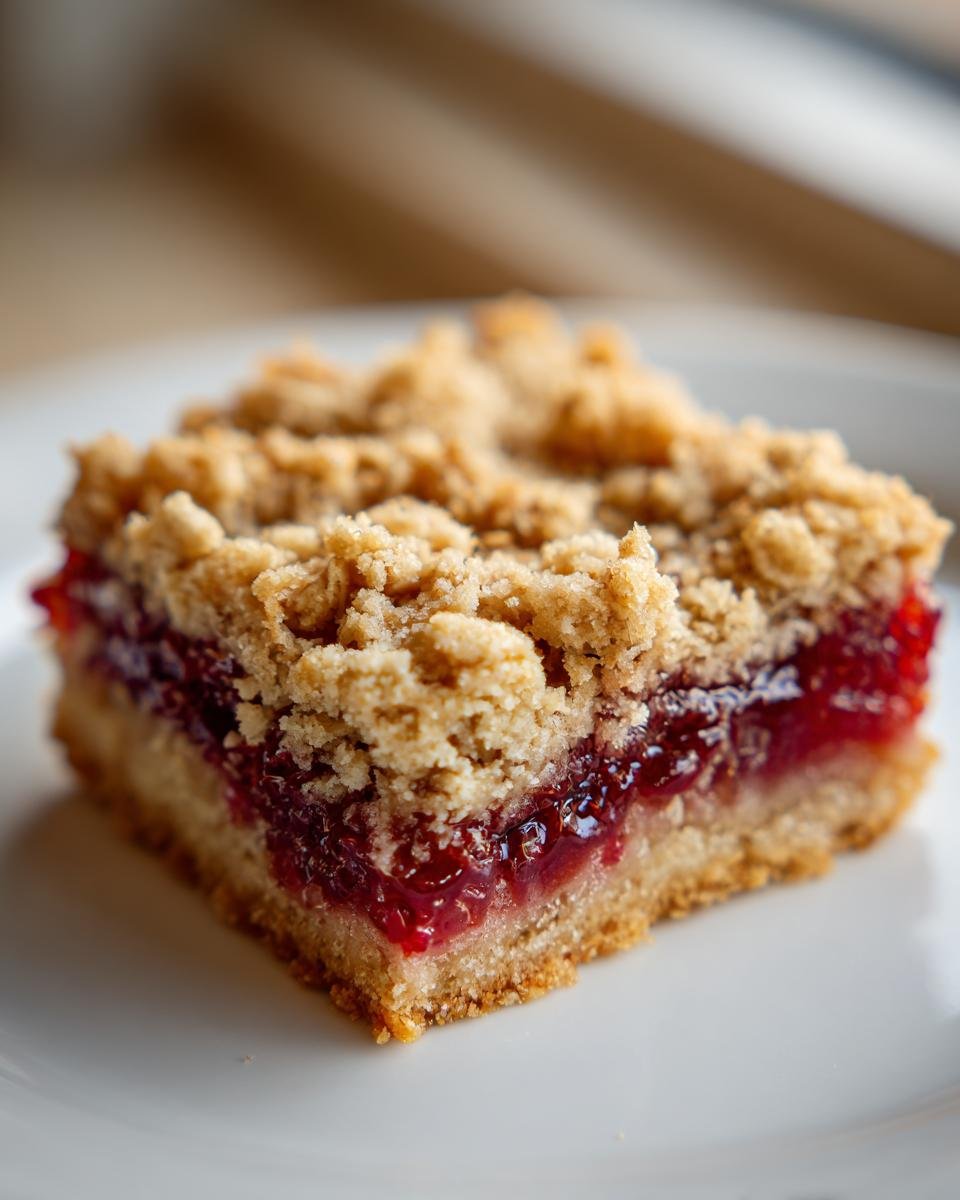 A single, perfect square of Raspberry Crumble Bars showing a thick layer of bright red raspberry filling between the shortbread base and crumb topping.