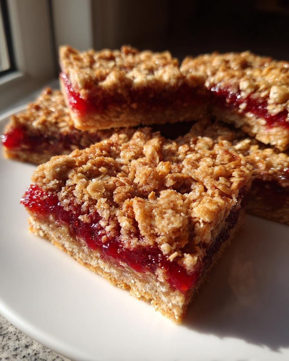 Close-up of several golden Raspberry Crumble Bars stacked on a white plate, showing the thick oat topping and bright red jam filling.