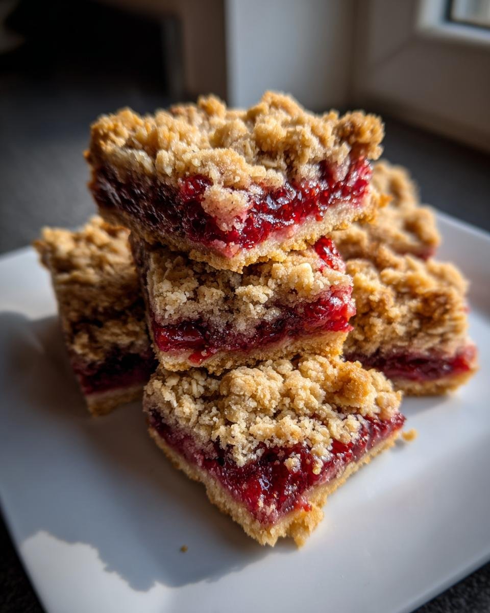 Close-up of stacked Raspberry Crumble Bars showing the thick, bright red raspberry filling and crumbly oat topping.