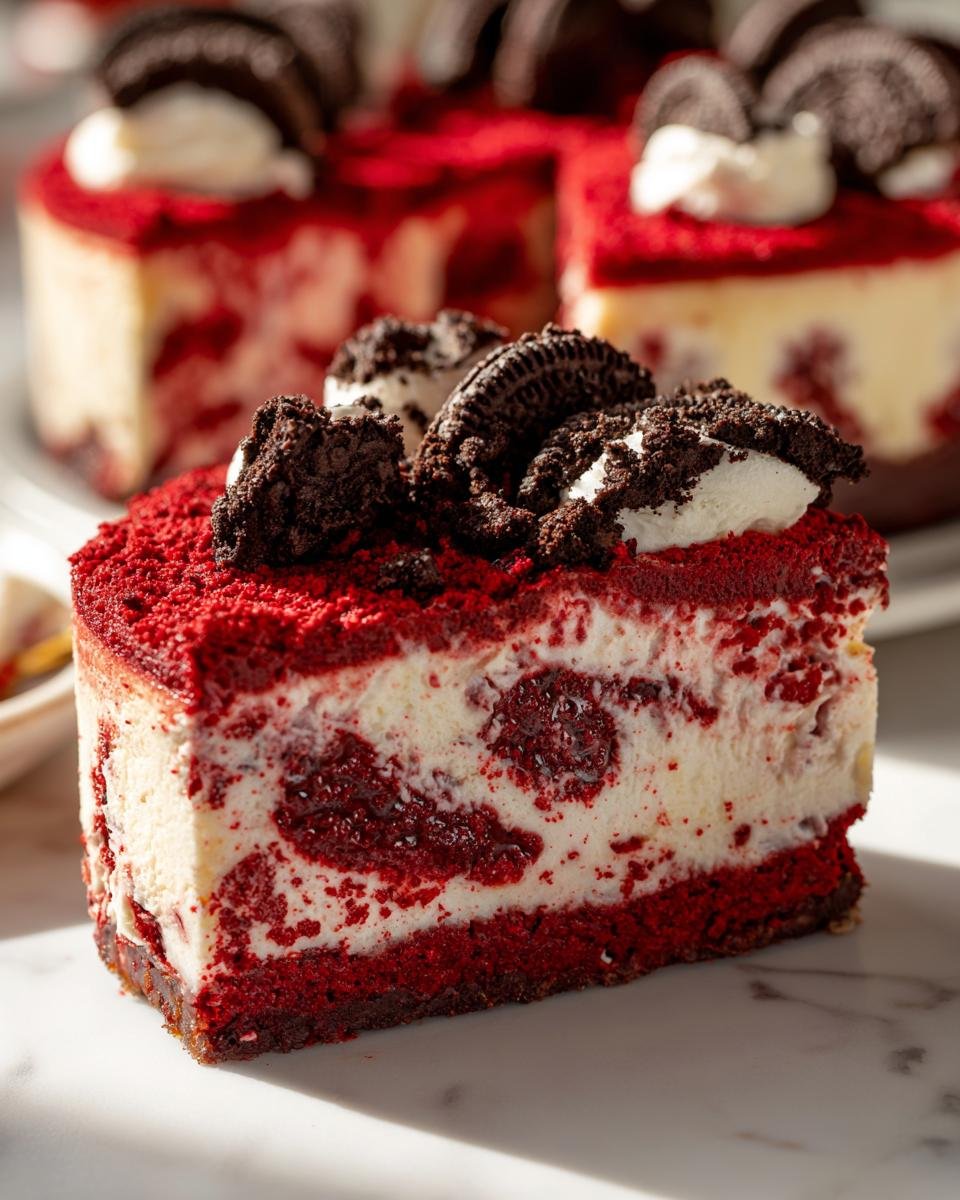 A decadent slice of Red Velvet Oreo Cheesecake, topped with whipped cream and Oreo cookie crumbles.