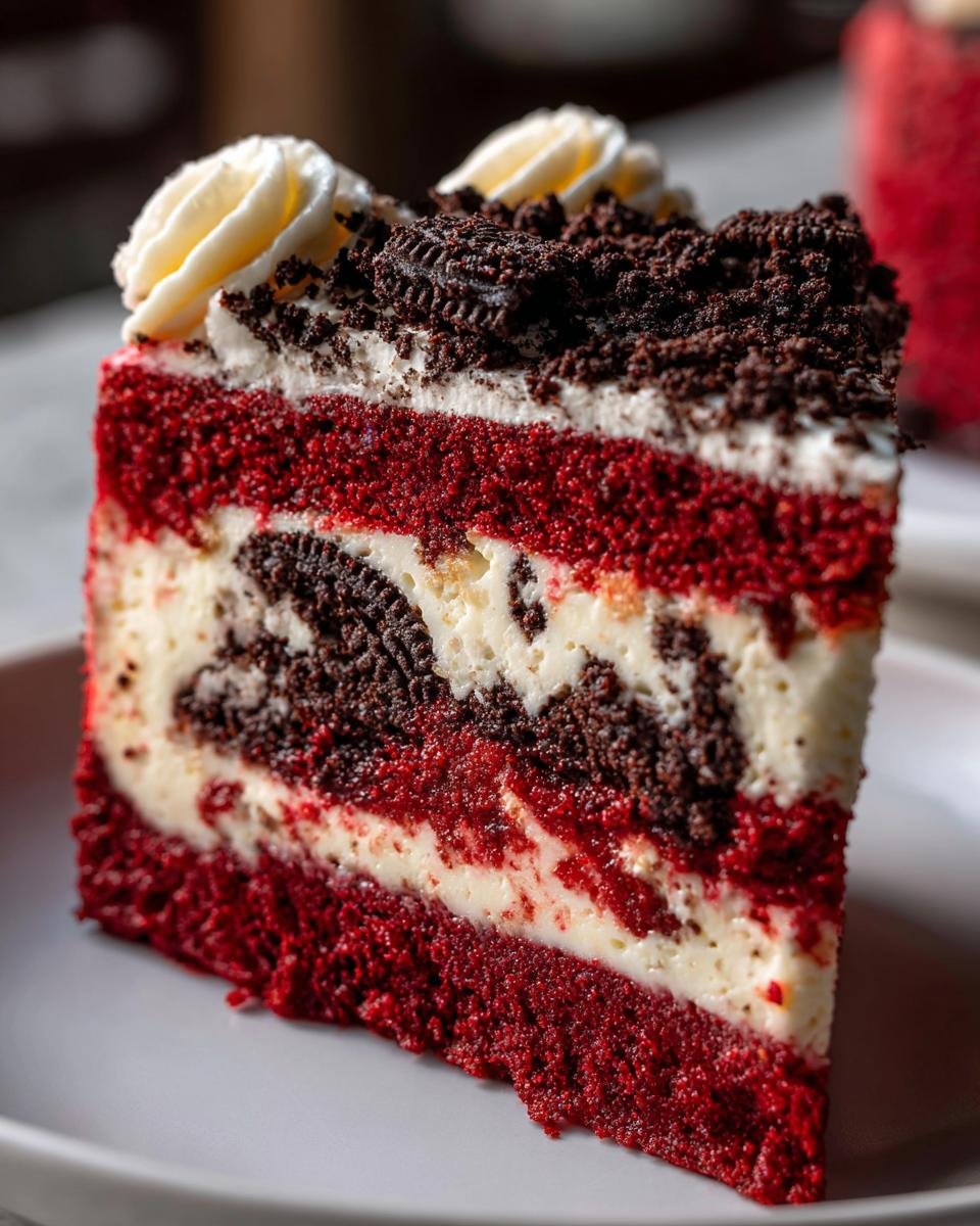 A decadent slice of Red Velvet Oreo Cheesecake with layers of red velvet cake, creamy cheesecake filling, and crushed Oreos.