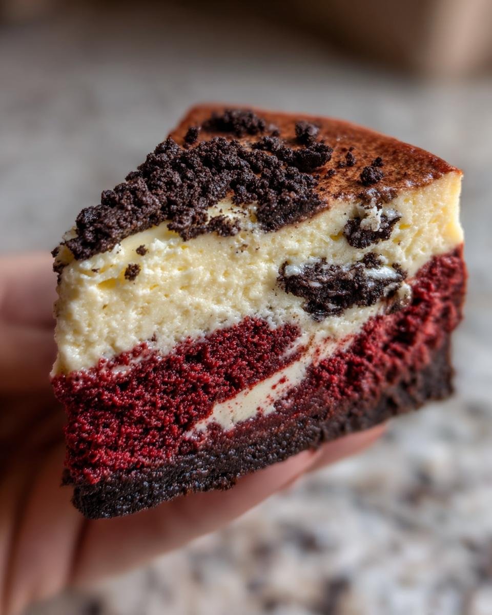 A delicious slice of Red Velvet Oreo Cheesecake, showing layers of red velvet cake, creamy cheesecake, and crushed Oreos.