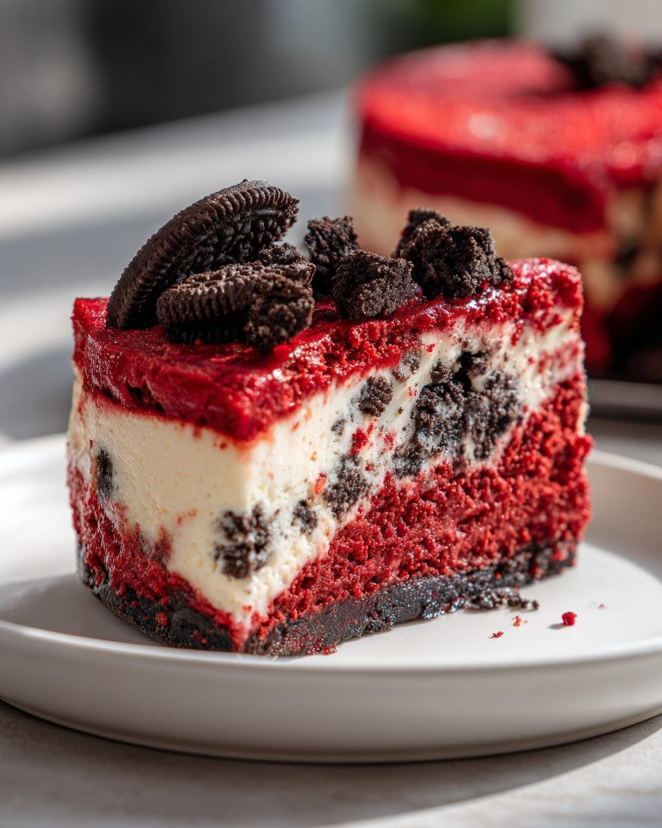A decadent slice of Red Velvet Oreo Cheesecake topped with Oreo cookies and crumbs.