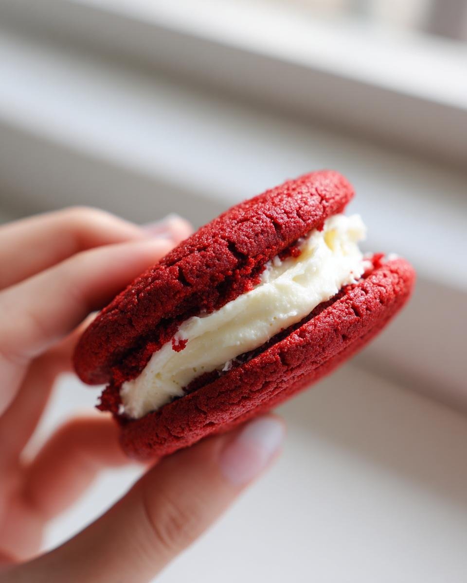 A close-up shot of a hand holding one vibrant Red Velvet Sandwich Cookie filled with cream cheese frosting.