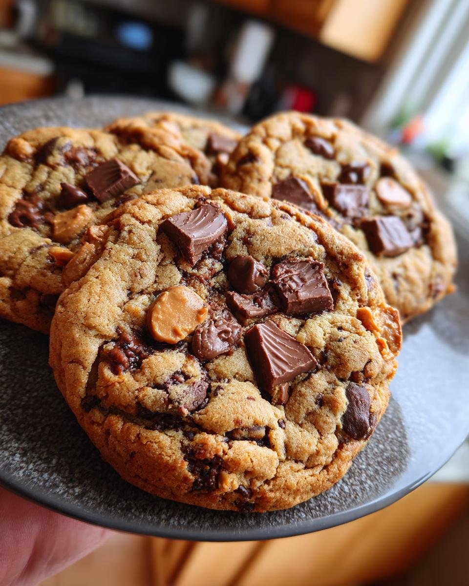 Close-up of three delicious Reeses Chocolate Chip Cookies loaded with chocolate chunks and peanut butter cups.