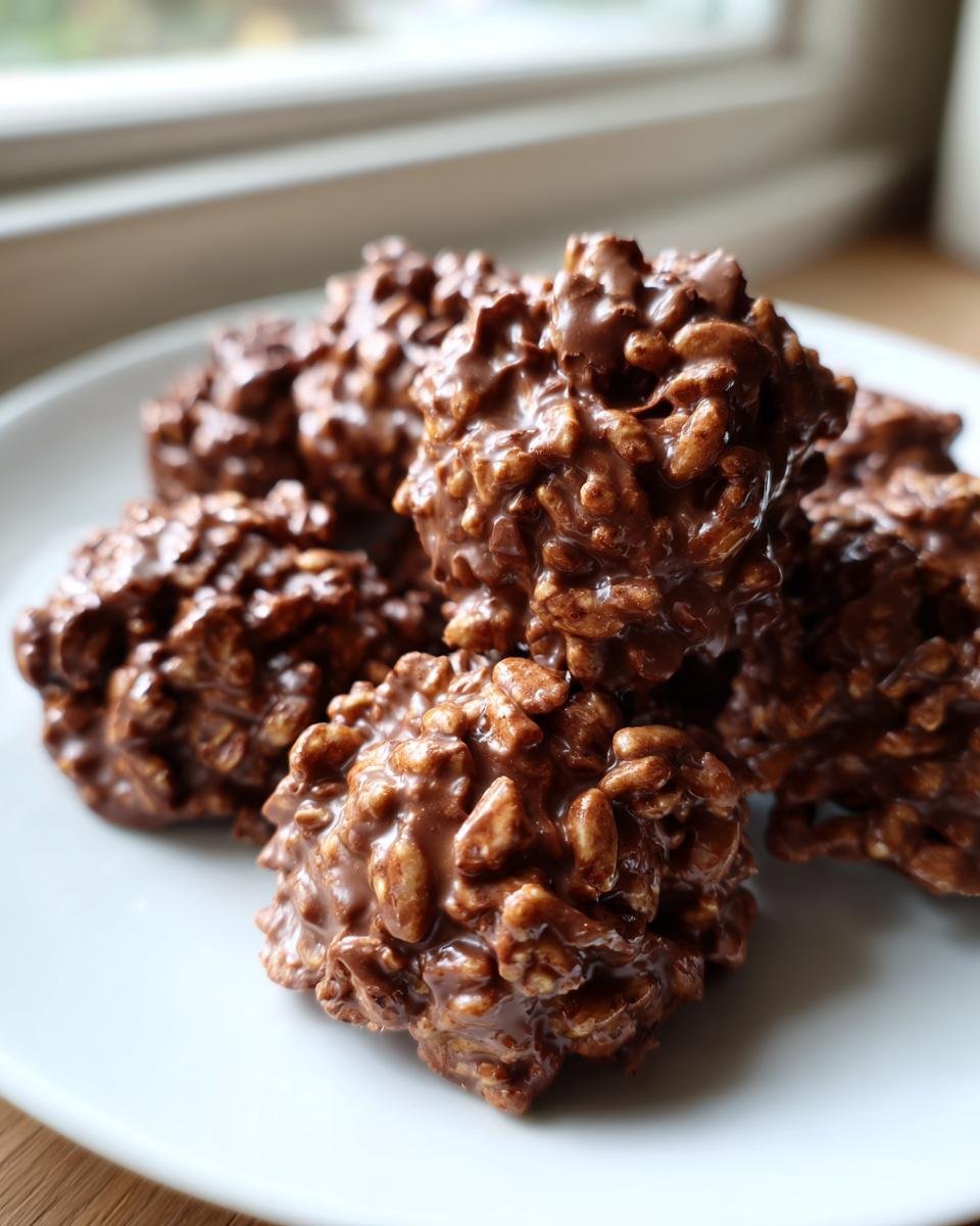 A pile of shiny, chocolate-coated Avalanche Cookies made with crispy cereal, resting on a white plate.