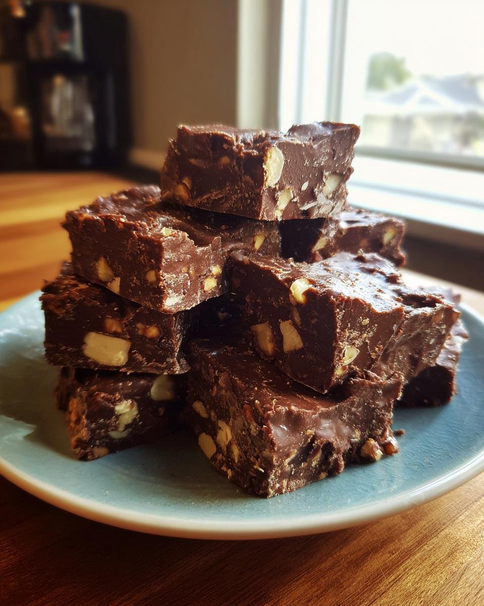 A stack of rich, dark chocolate Rocky Road Candy squares loaded with nuts, served on a light blue plate.