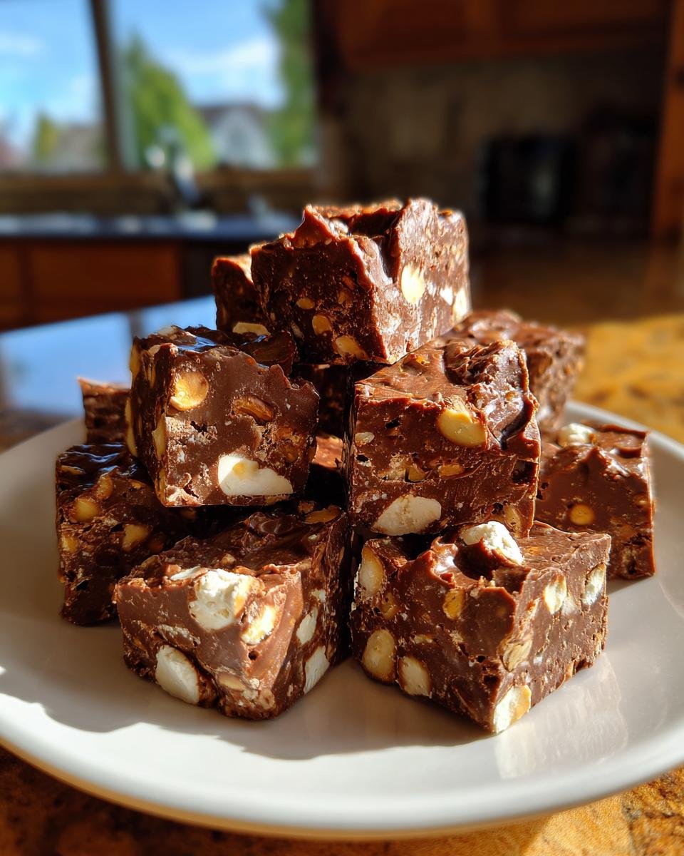 A stack of rich, dark chocolate Rocky Road Candy squares filled with marshmallows and nuts on a white plate.