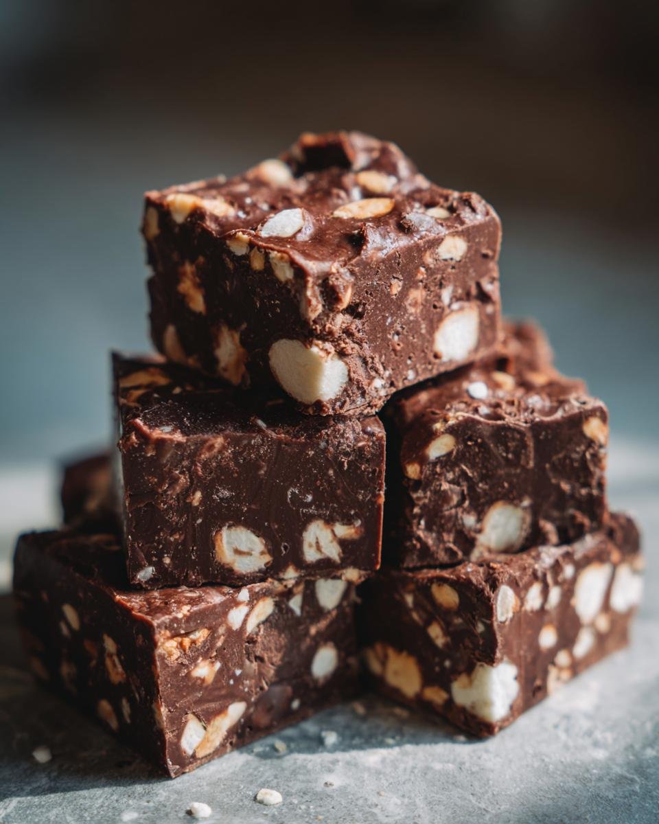 A stack of rich, dark chocolate Rocky Road Candy squares packed with visible white marshmallows and nuts.