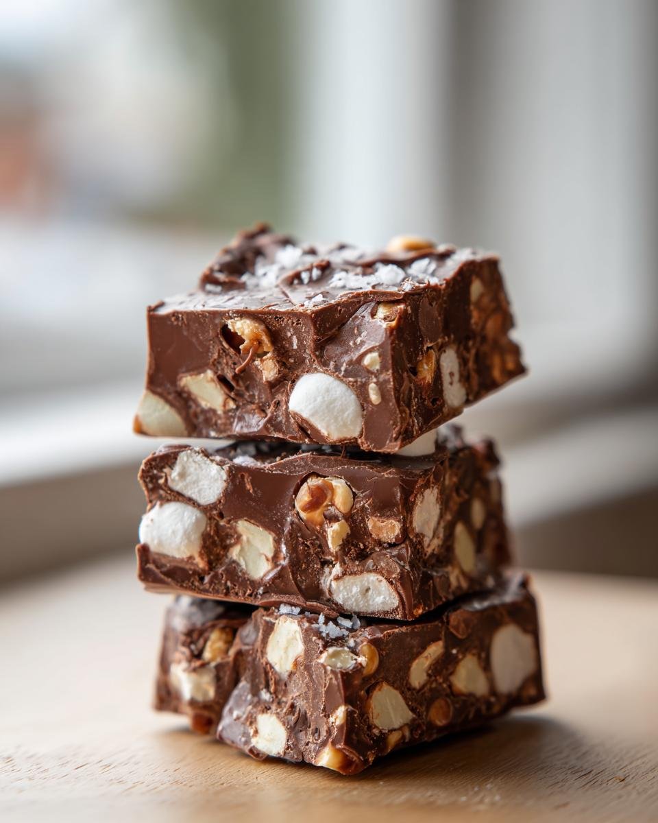 Three stacked squares of rich chocolate Rocky Road Candy loaded with marshmallows and nuts, sprinkled with sea salt.