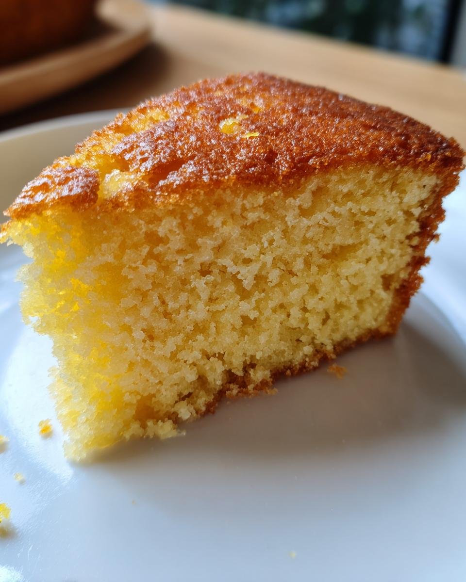 Close-up of a moist slice of rum soaked cake on a white plate, showing its golden-brown crust and tender crumb.