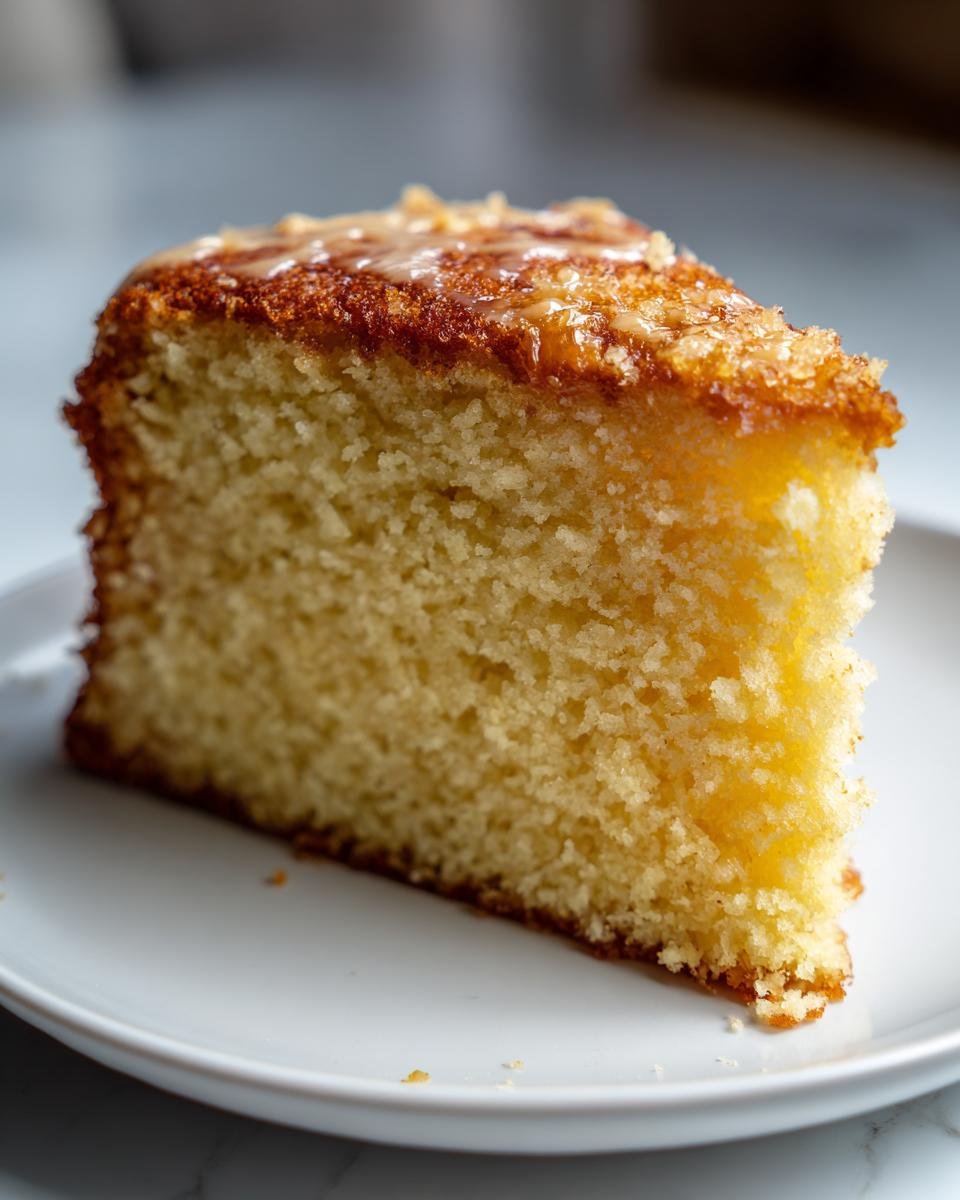 A moist slice of Rum Soaked Cake with a glistening glaze and golden crust, served on a white plate.