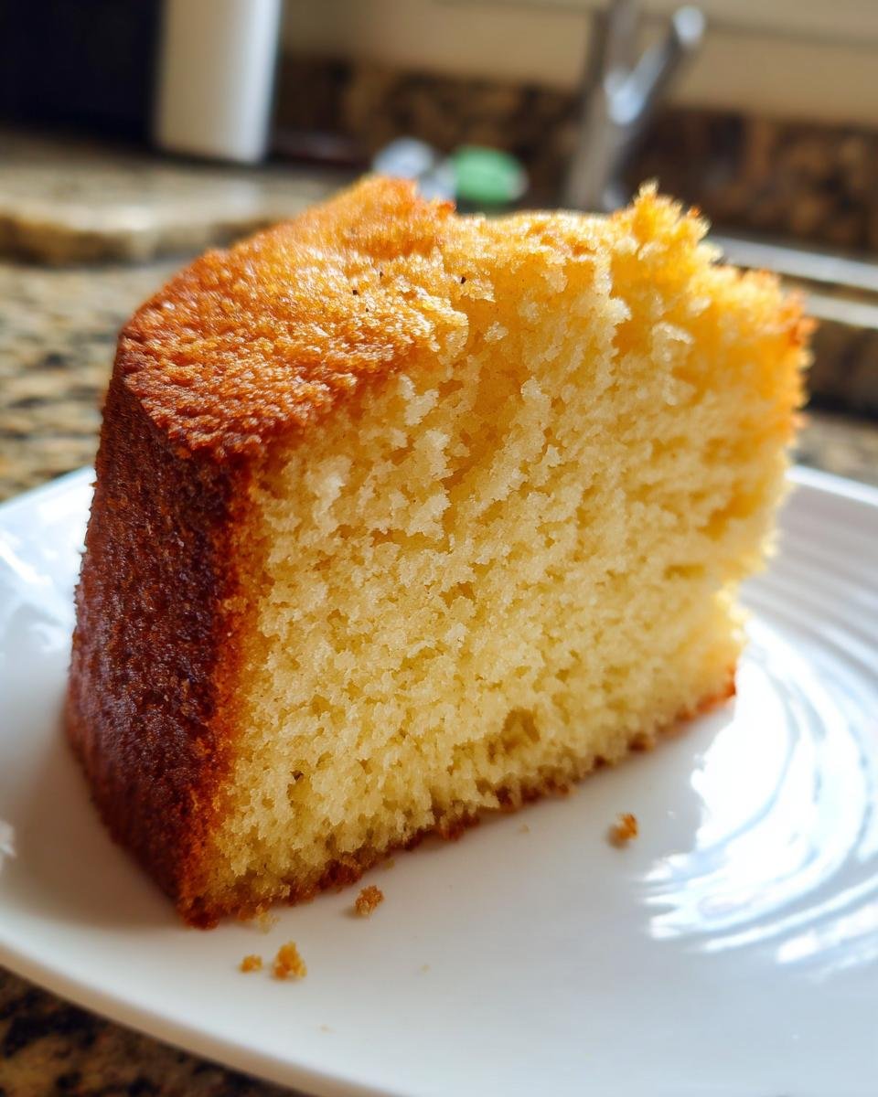 A close-up of a moist slice of Rum Soaked Cake on a white plate, showing its golden-brown crust and tender crumb.