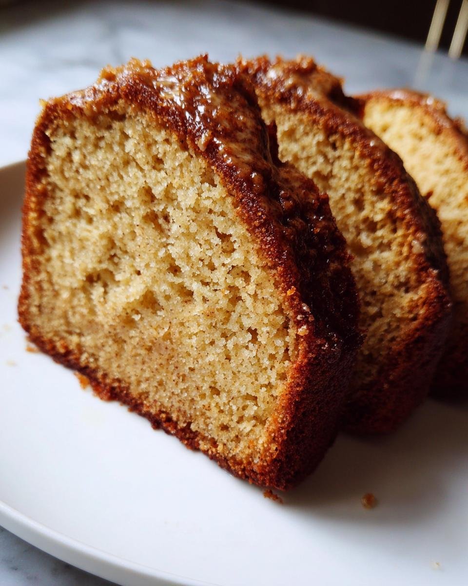 Three moist slices of rum soaked cake on a white plate, showcasing a golden brown crust and tender crumb.