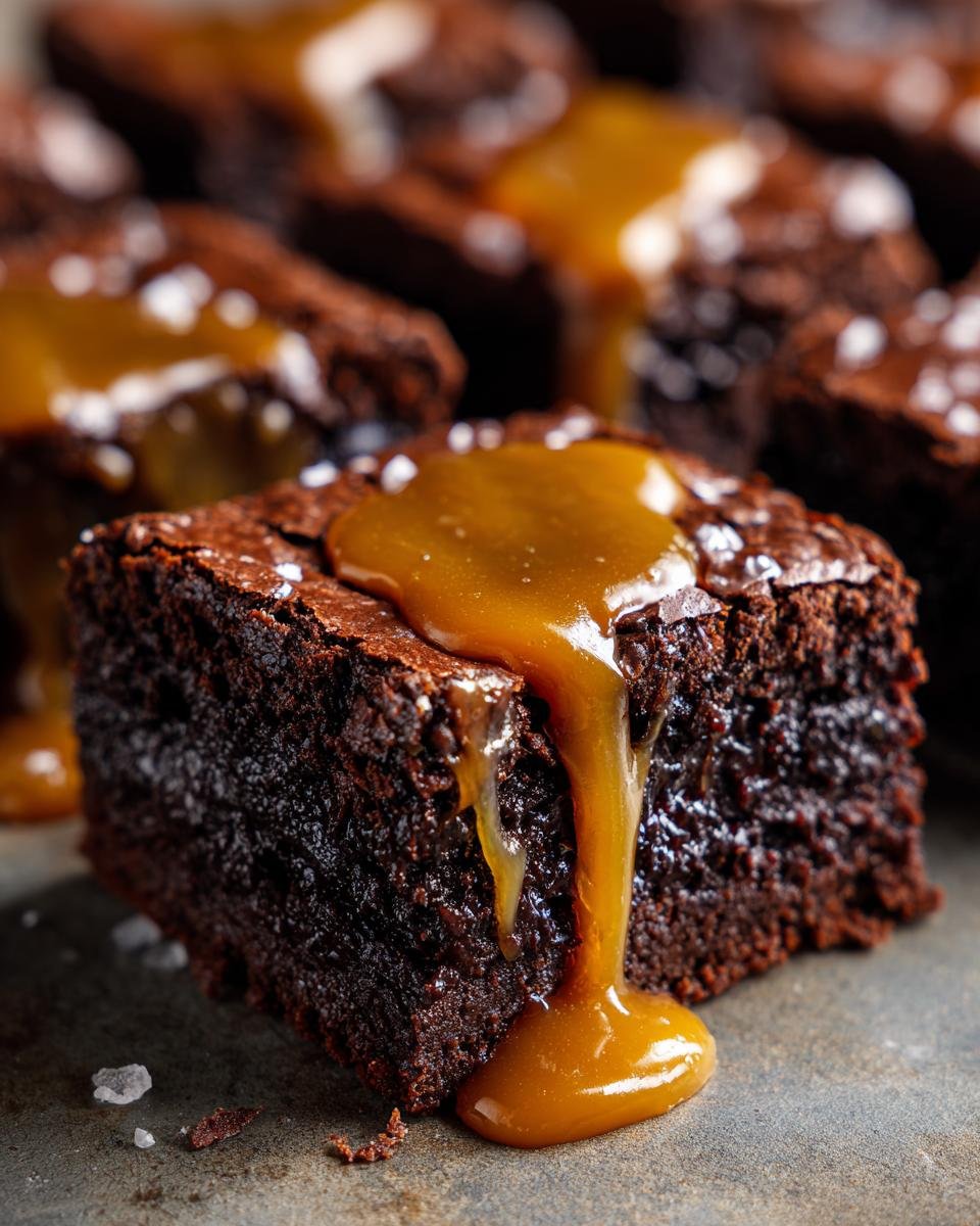 A rich, fudgy square of Salted Caramel Brownies topped with a generous caramel drizzle and sea salt flakes.