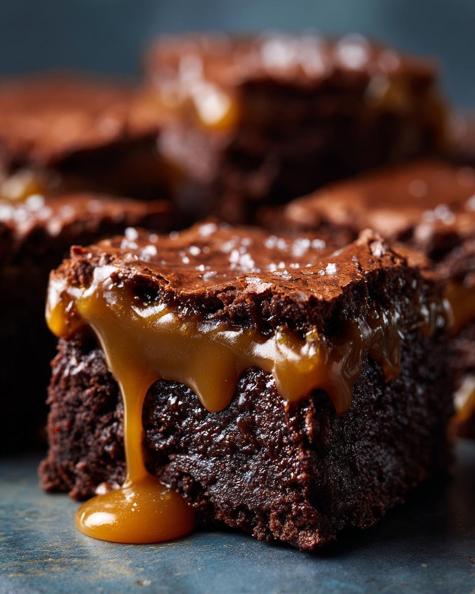A close-up of a decadent Salted Caramel Brownies square with gooey caramel dripping down the side and sea salt sprinkled on top.
