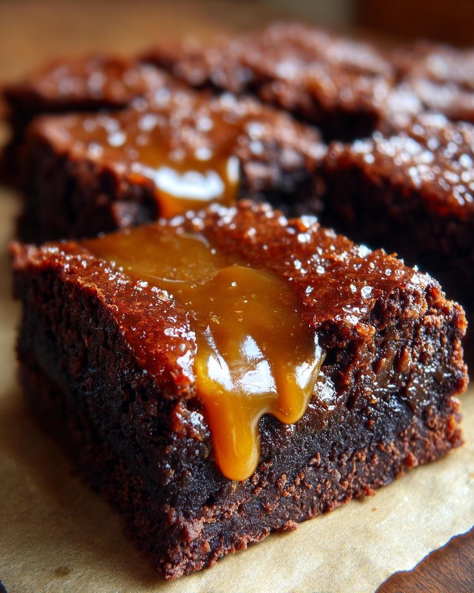 A close-up of a rich, fudgy square of Salted Caramel Brownies topped with a thick caramel drizzle and sea salt flakes.