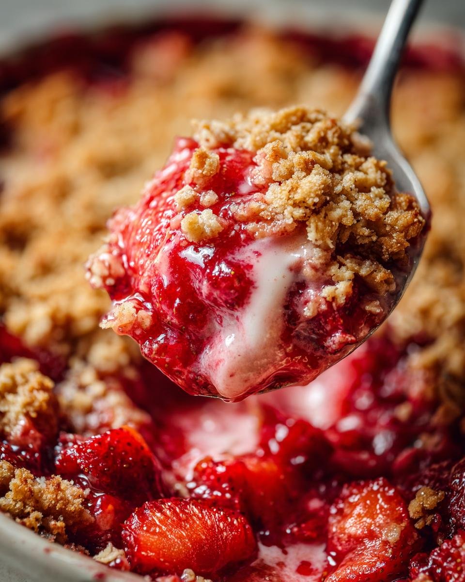 Close-up of a spoonful of warm Strawberry Rhubarb Crisp, showing juicy fruit and crunchy topping with melting cream.