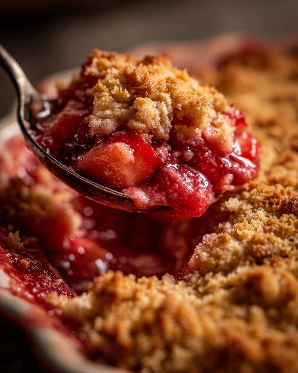 A spoonful of warm Strawberry Rhubarb Crisp showing juicy strawberries and golden crumble topping.