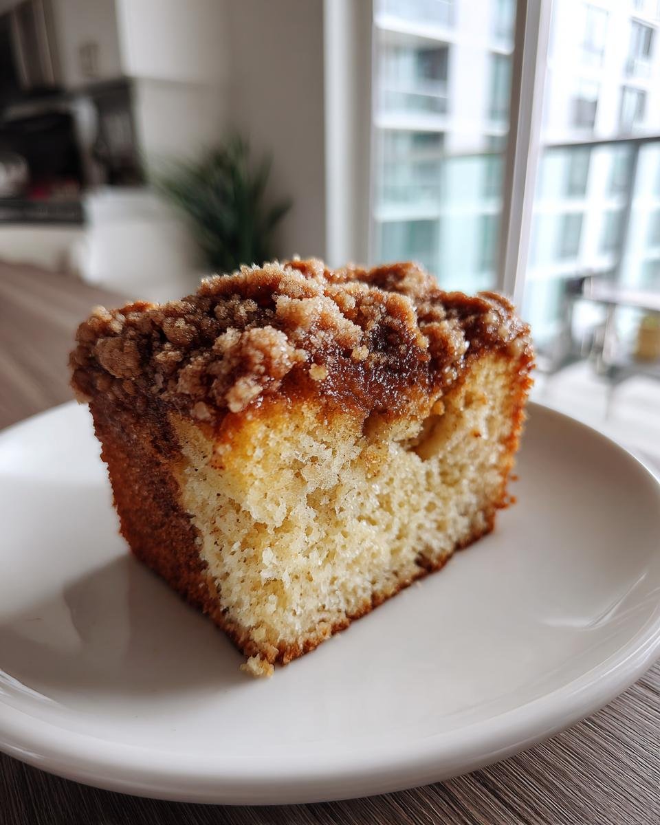 A single slice of moist Coffee Cake with a thick, sugary cinnamon crumb topping, served on a white plate.