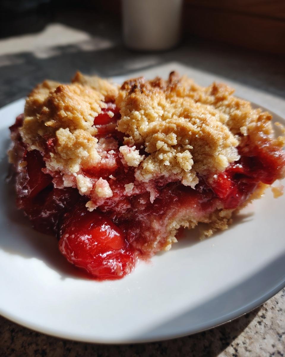 A close-up of a warm slice of Cherry Cobbler with a crumbly topping and juicy red filling.