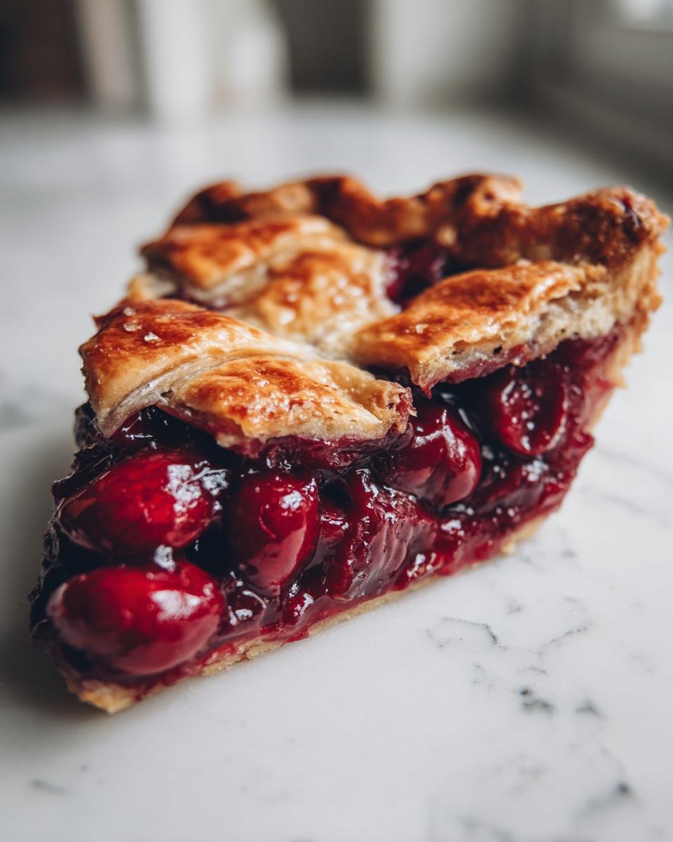 Close-up of a perfect slice of Cherry Pie showing the lattice crust and rich, whole cherry filling.