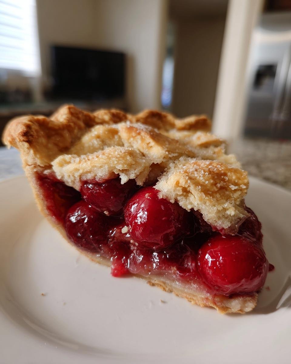 Close-up of a slice of homemade Cherry Pie showing plump cherries and a sugared, flaky lattice crust.