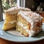 Two slices of moist Coconut Cake With Coconut Frosting stacked on a light blue plate, topped with toasted coconut flakes.