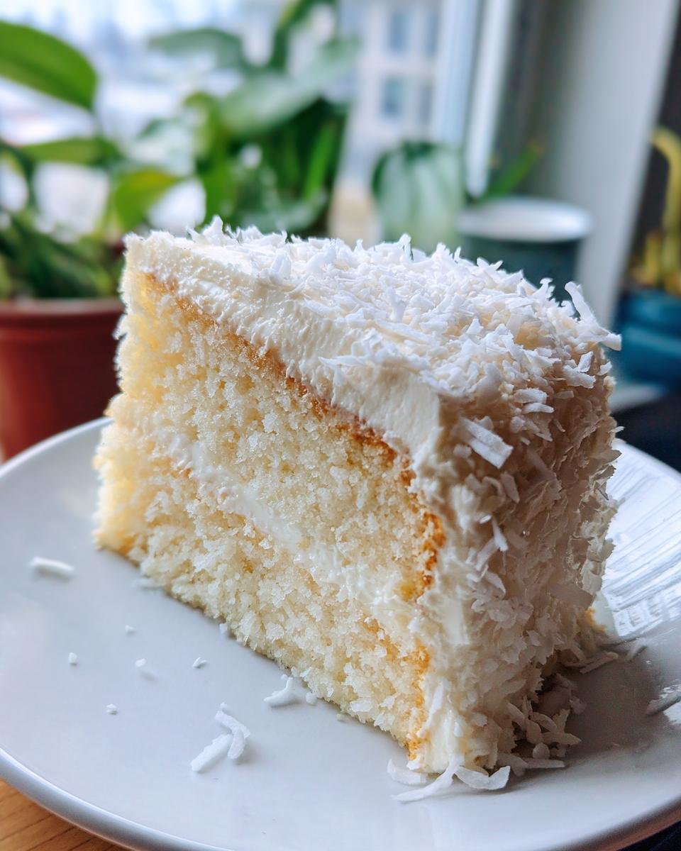 A moist slice of Coconut Cake With Coconut Frosting, topped with shredded coconut flakes.