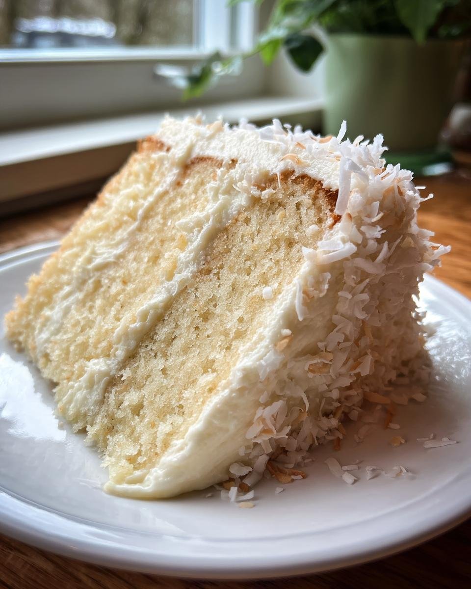 A moist slice of Coconut Cake With Coconut Frosting, generously covered in white frosting and toasted coconut flakes.