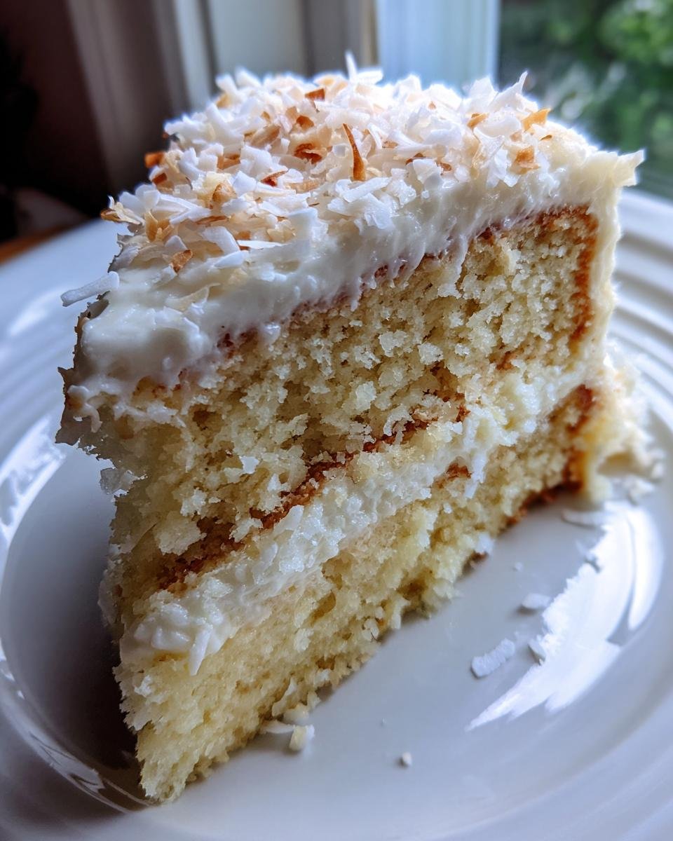 A close-up of a moist slice of Coconut Cake With Coconut Frosting, topped with toasted coconut flakes.