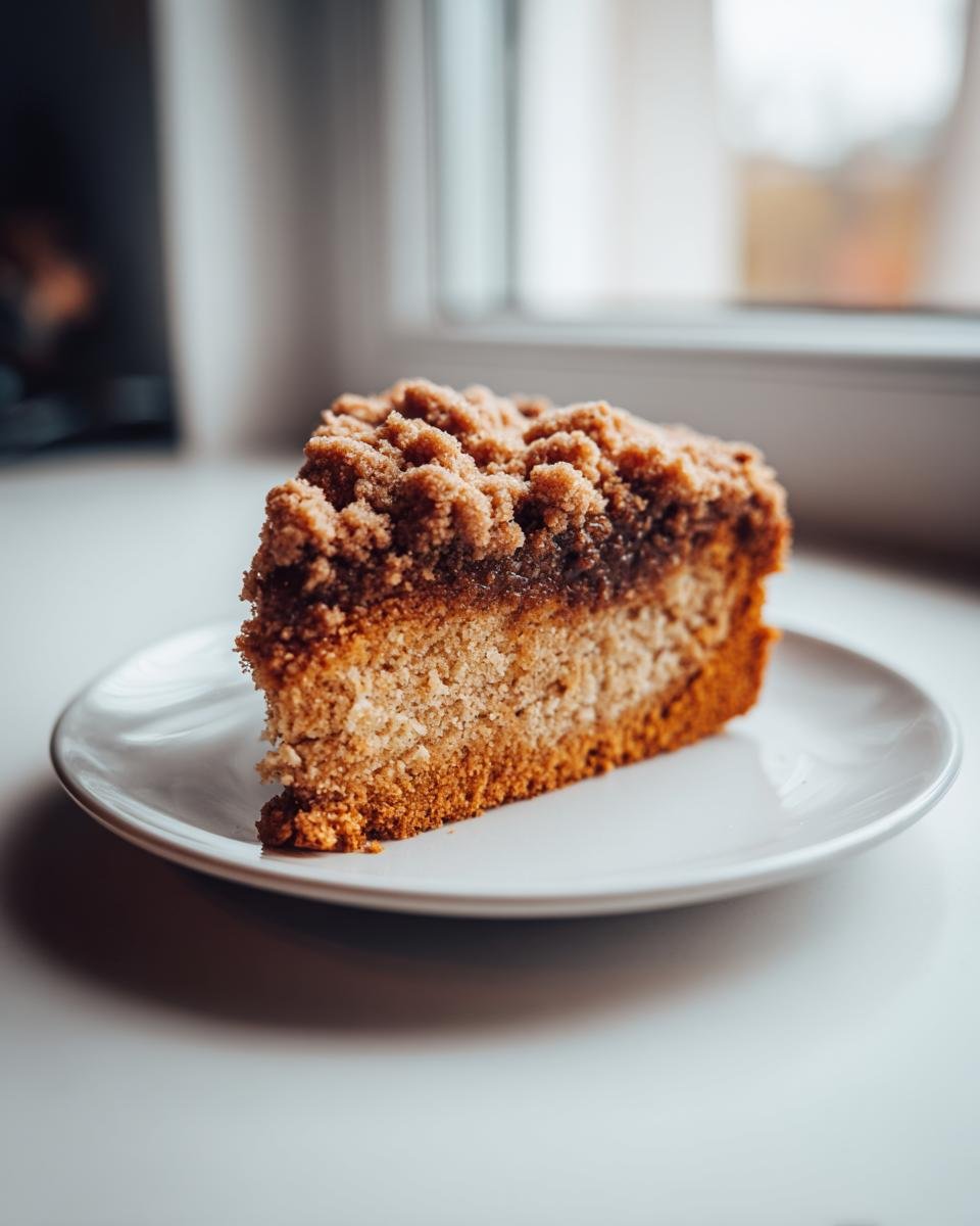 A close-up shot of a single slice of Coffee Cake with a thick, dark brown streusel topping on a white plate.