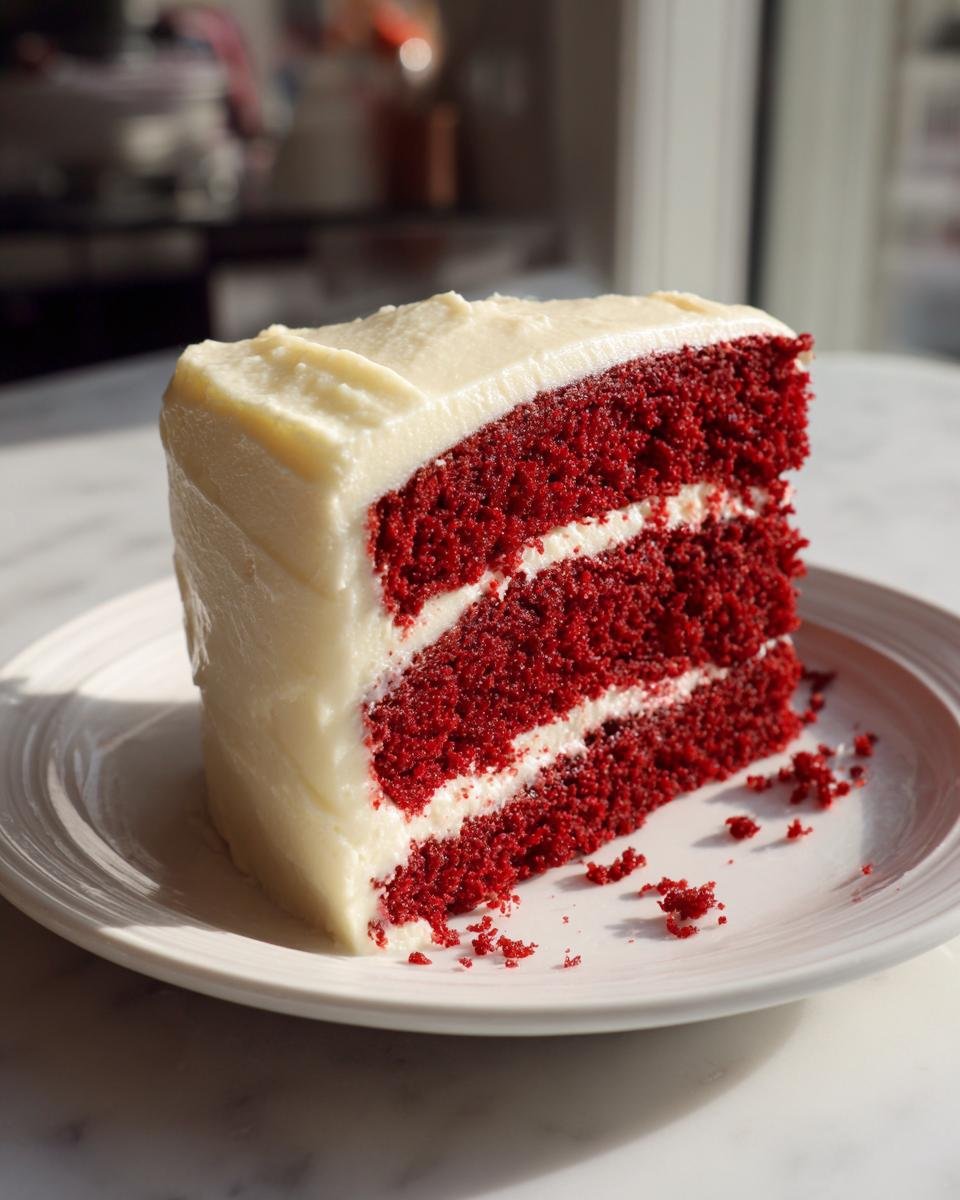 A tall, moist slice of red velvet cake with three layers and thick cream cheese frosting, part of the Best Red Velvet Recipes.