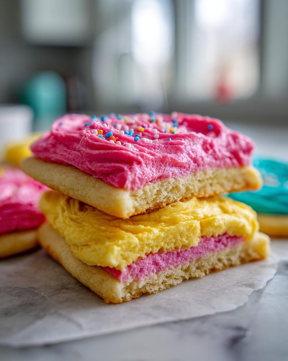 Close-up of two stacked Soft Batch Frosted Sugar Cookies, one with pink frosting and sprinkles, the other with yellow and pink frosting.